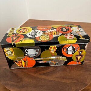 VINTAGE HB & S Biscuit Rectangular Tin Hinged Lid Antiques Motif Made England